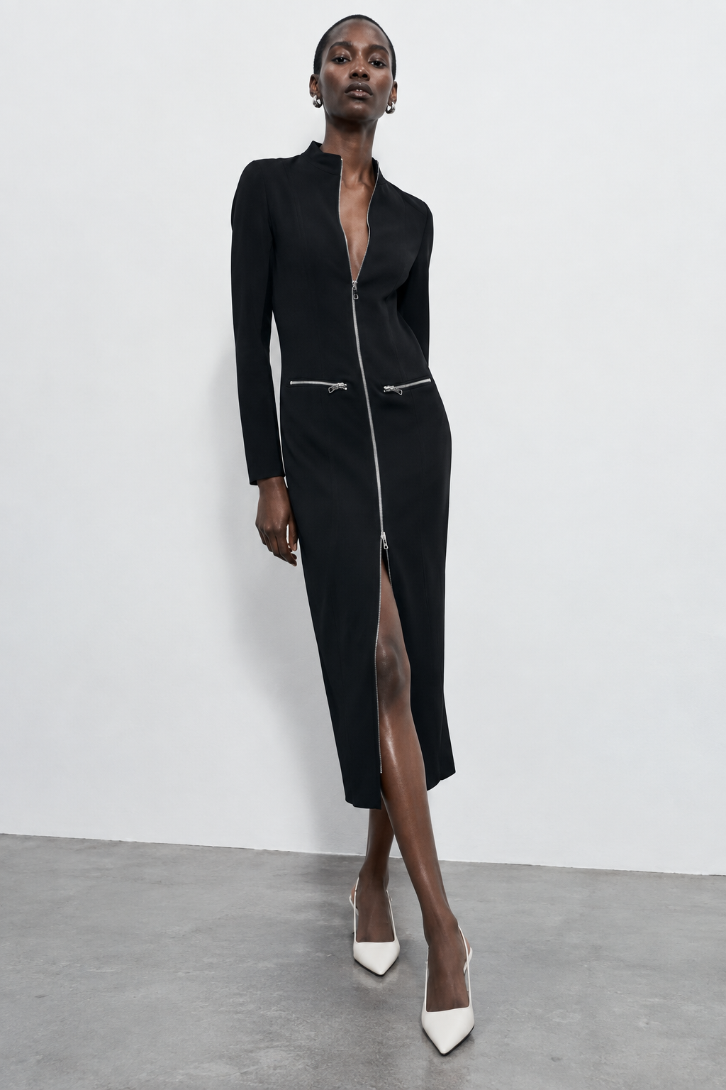 Black Zip-Front Midi Dress