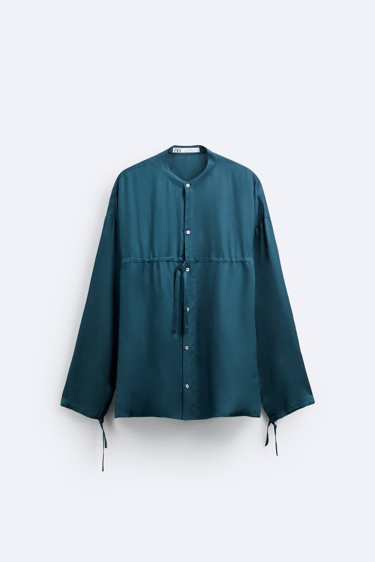 Teal Gathered Waist Satin Blouse