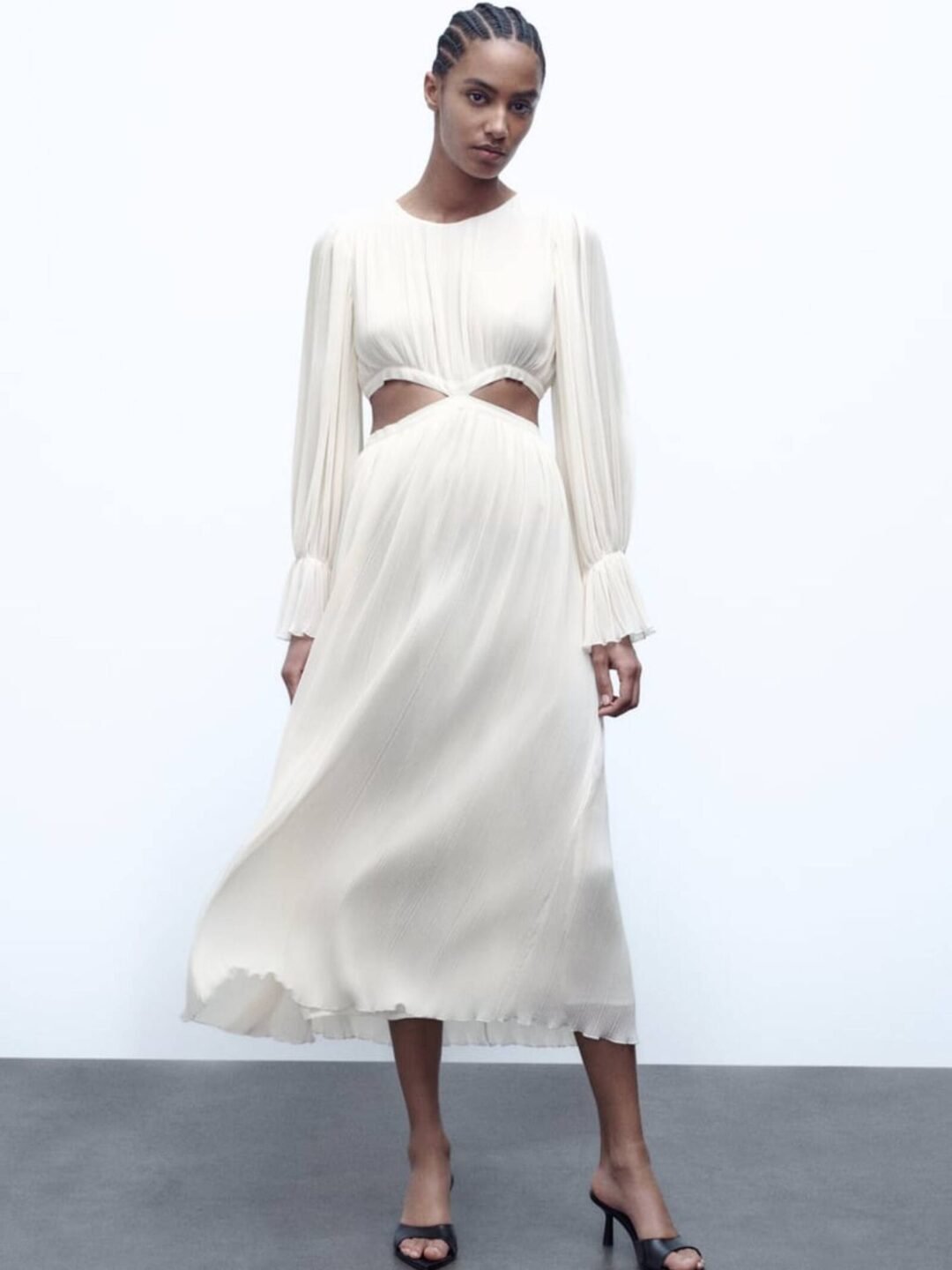 Off White Pleated Cut Out Midi Dress