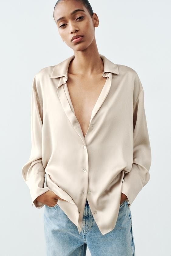 Beige Satin Oversized Button Down Shirt