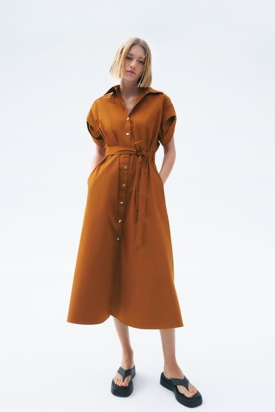 Caramel Belted Midi Shirt Dress
