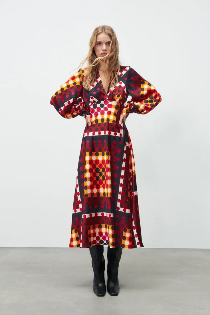 Multicolor Polka Dot Printed Long-Sleeve Midi Dress