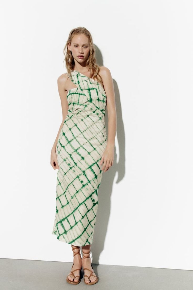 Green And Cream Tie-Dye Open Back Midi Dress