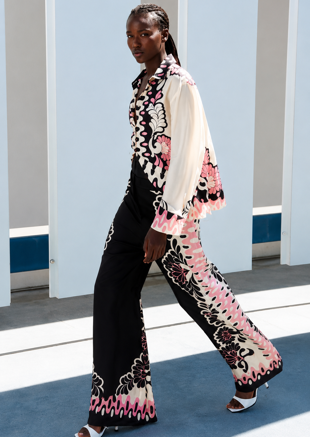 Floral Border Print Wide-Leg Trousers