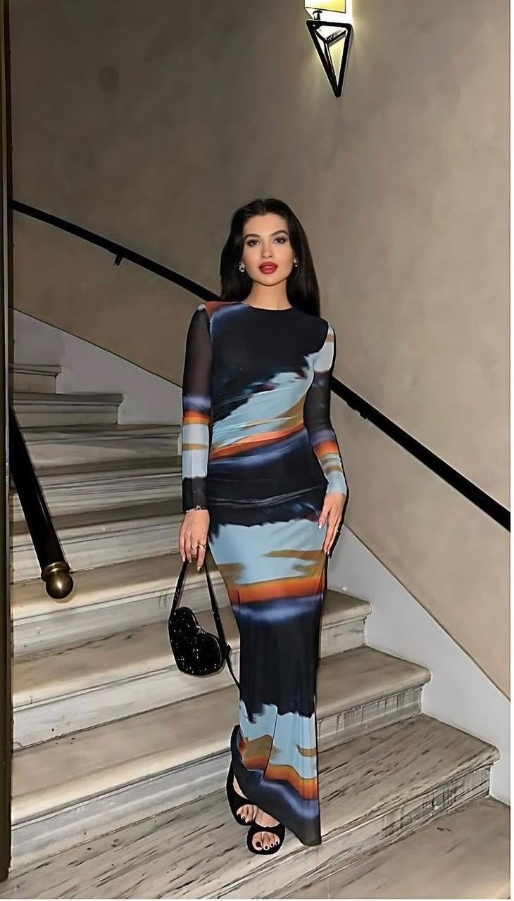 Abstract Watercolor Long Sleeves Printed Mesh Maxi Dress