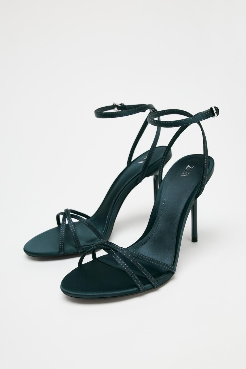 Navy Blue Stiletto Satin Strappy Heeled Sandals