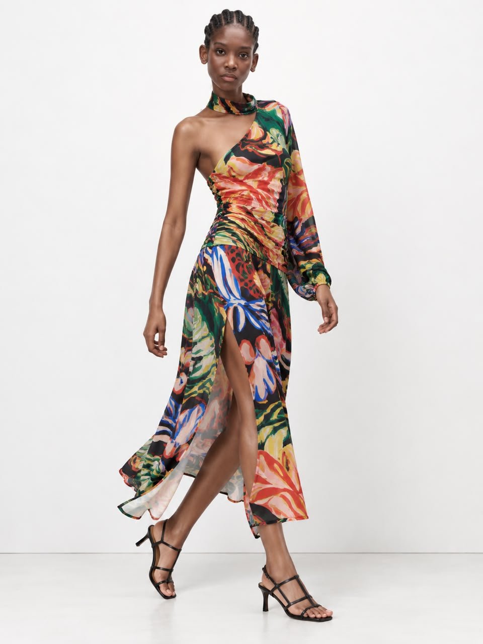 Tropical Floral One-Shoulder Midi Dress