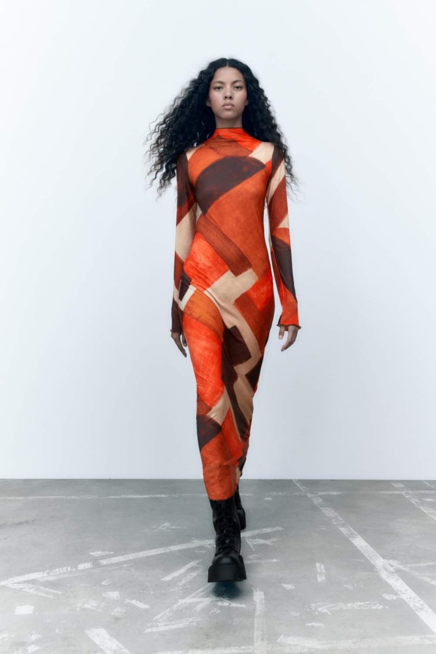 Abstract Print Long Sleeve Bodycon Maxi Dress