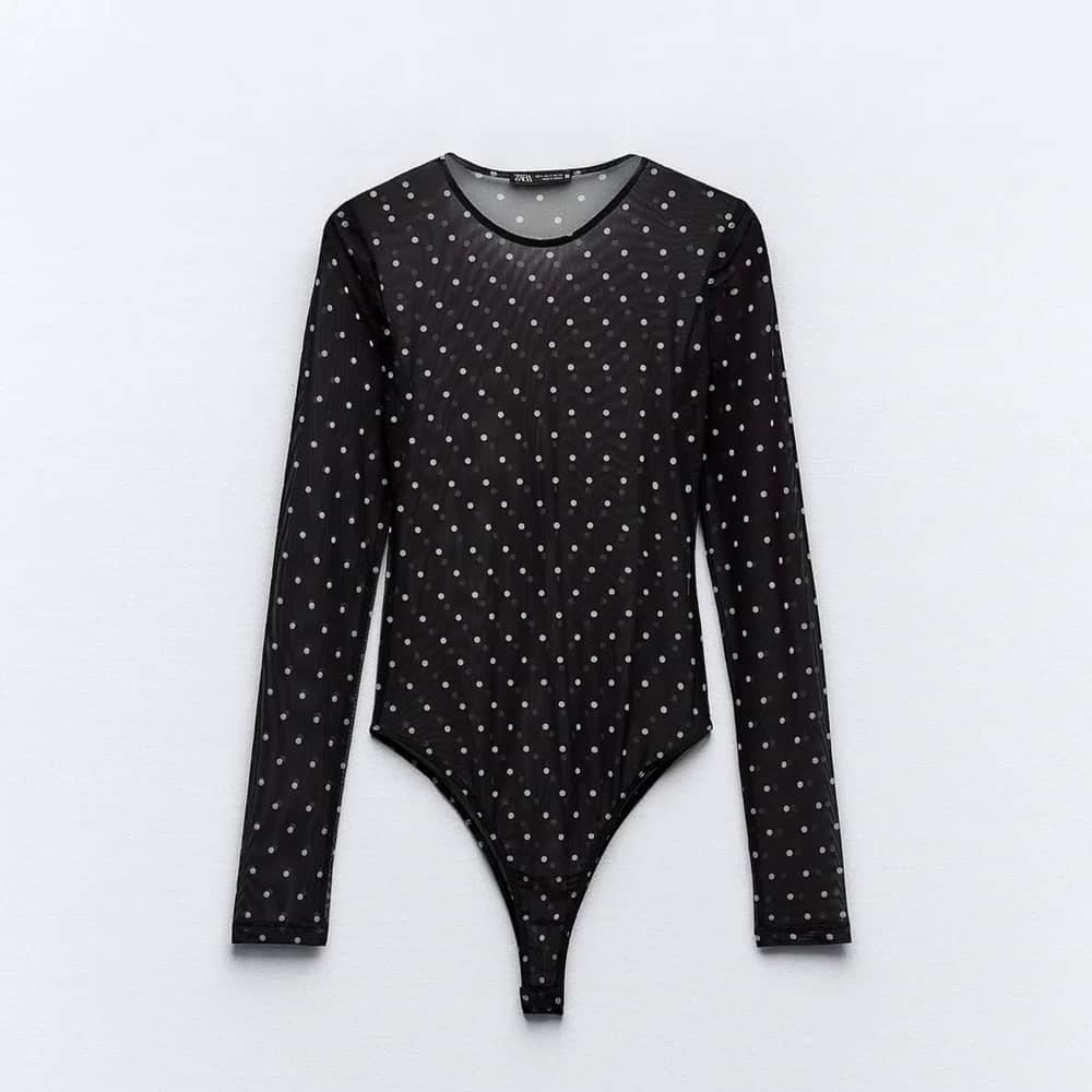 Black Sheer Polka-Dot Long-Sleeve Bodysuit - Image 4