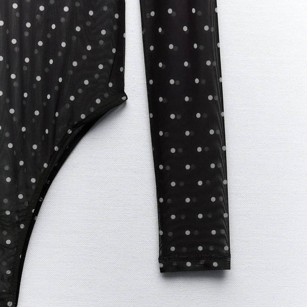 Black Sheer Polka-Dot Long-Sleeve Bodysuit - Image 5