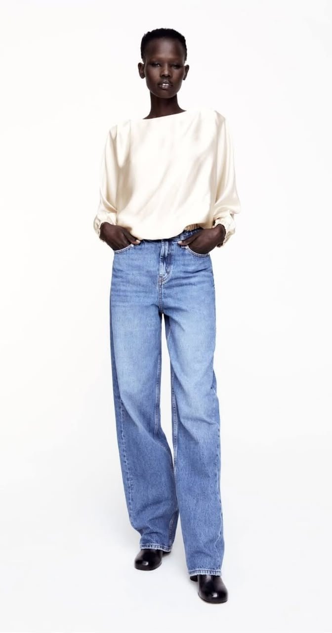 Cream Long Sleeve Elastic Hem Blouse