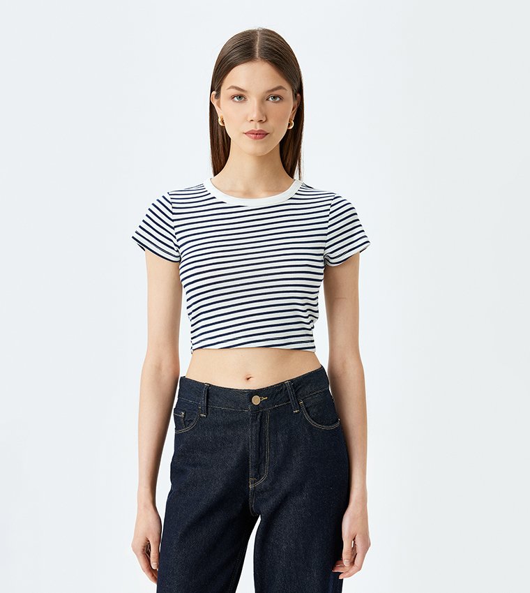 Navy & White Striped Cropped T-Shirt
