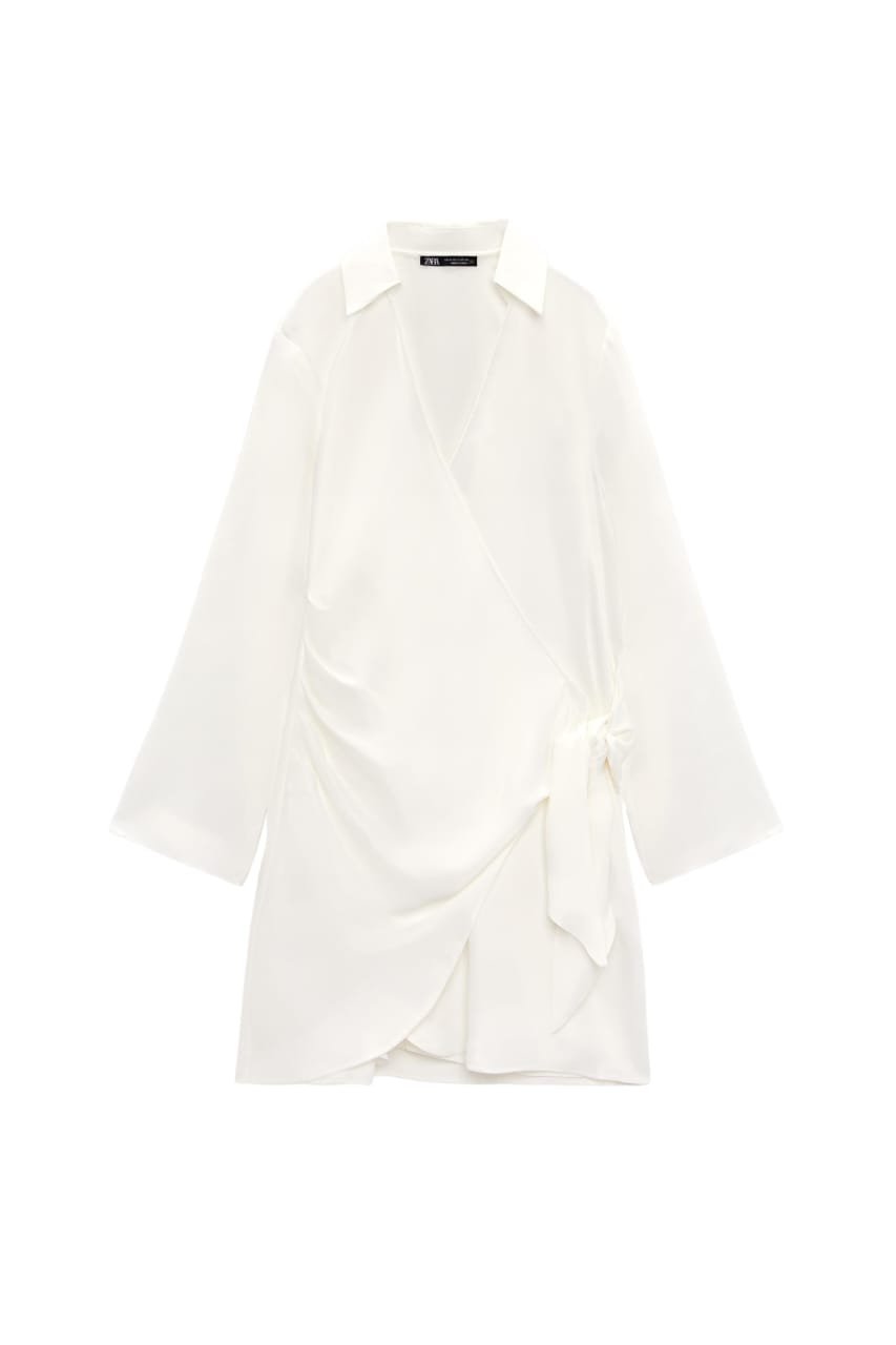 White Satin Wrap Mini Collared Dress