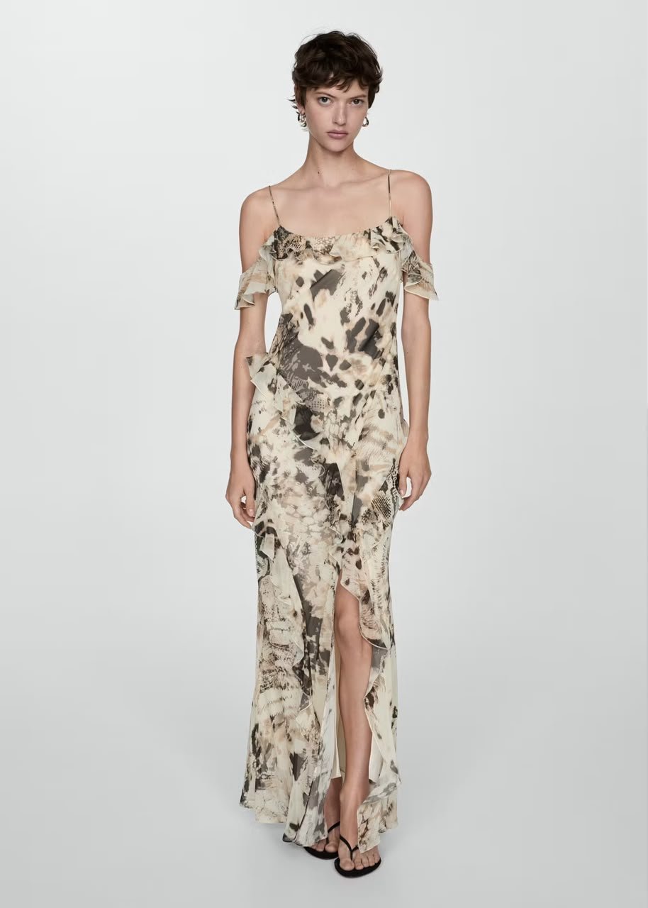 Beige Abstract Print Ruffle Maxi Dress