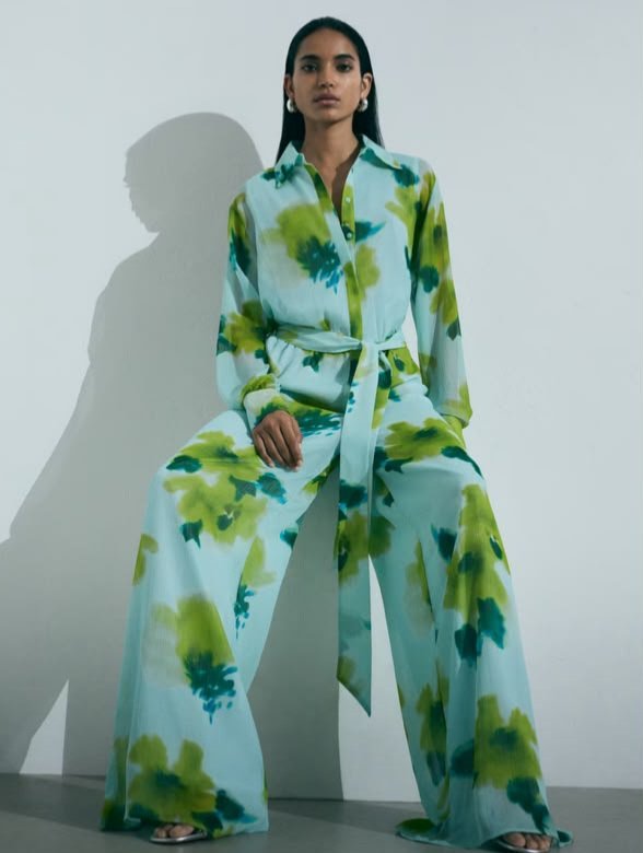 Blue Floral Print Belted Jumpsuit