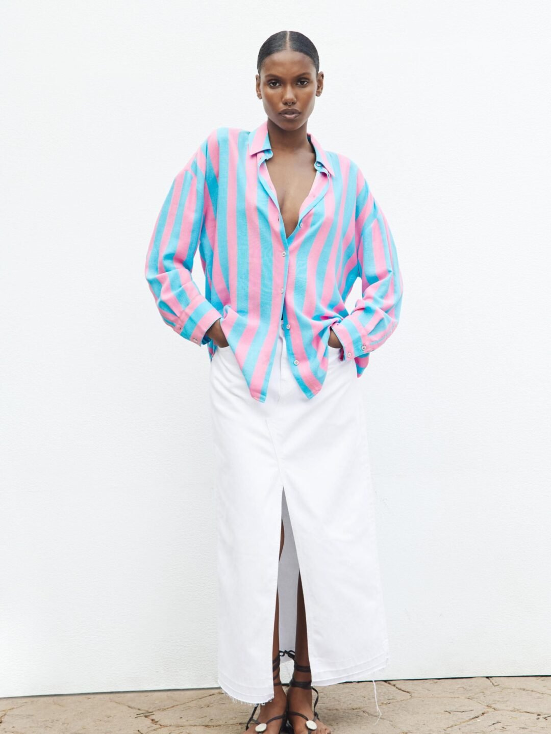 Pink & Blue Stripe Linen Blend Oversize  Shirt