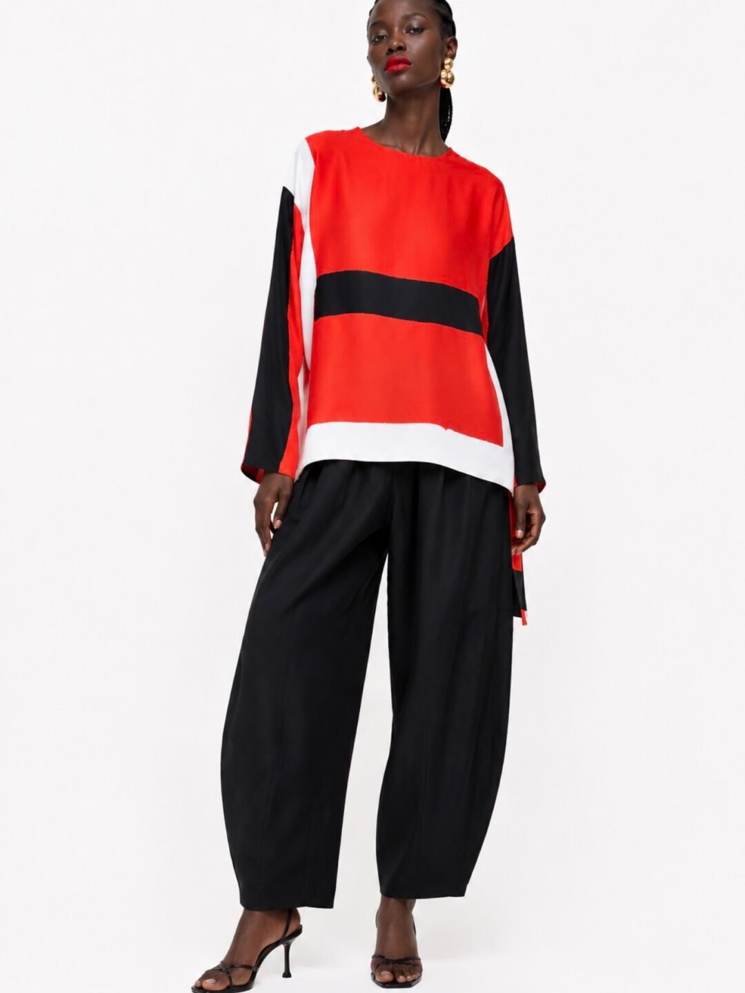 Red Colorblock Satin Top With Hand Ties