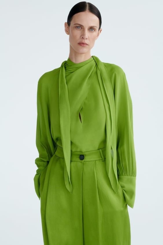Lime Green Draped Tie-Neck Blouse