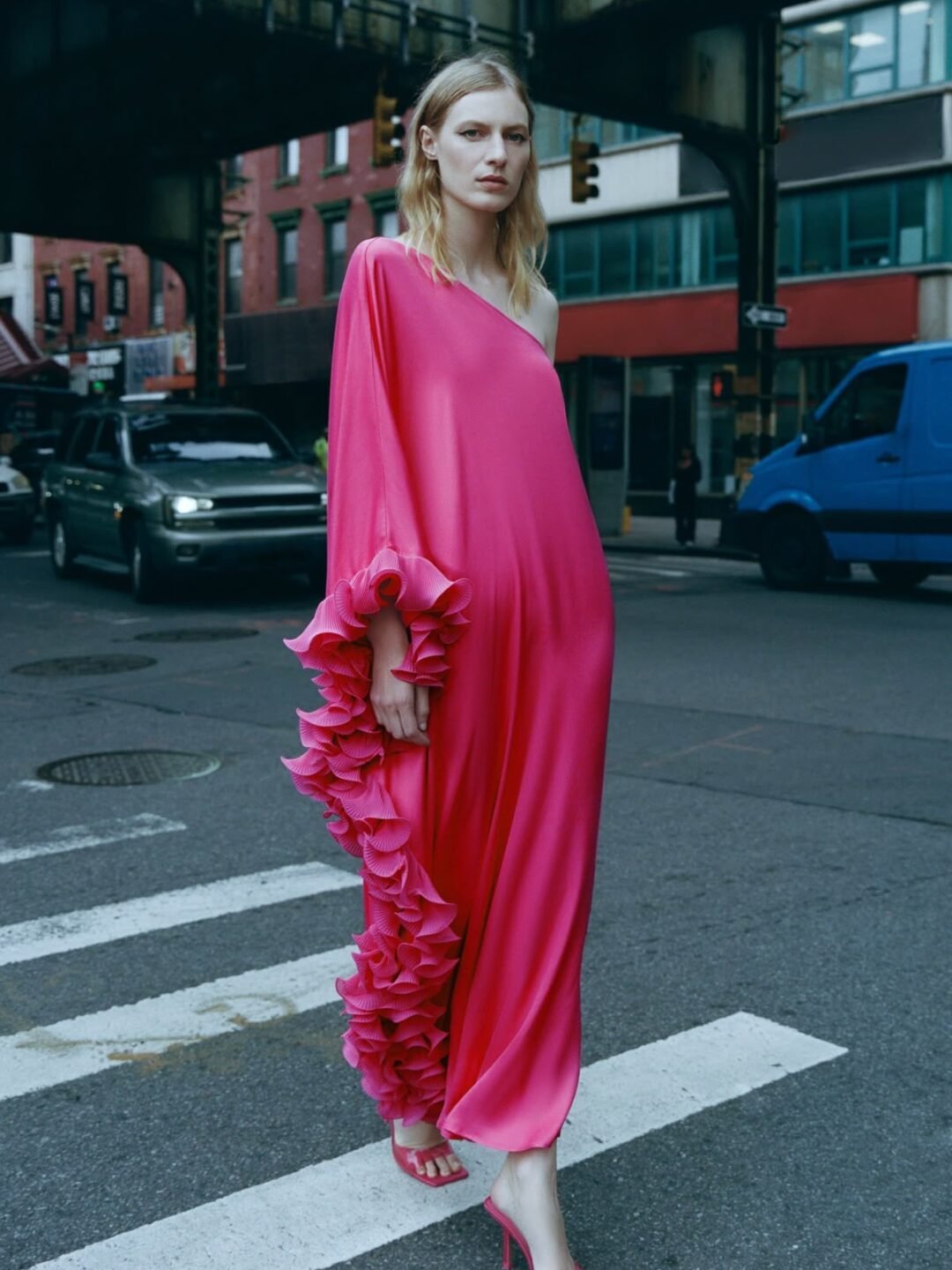 Fuchsia Pink One-Shoulder Ruffle Maxi Dress