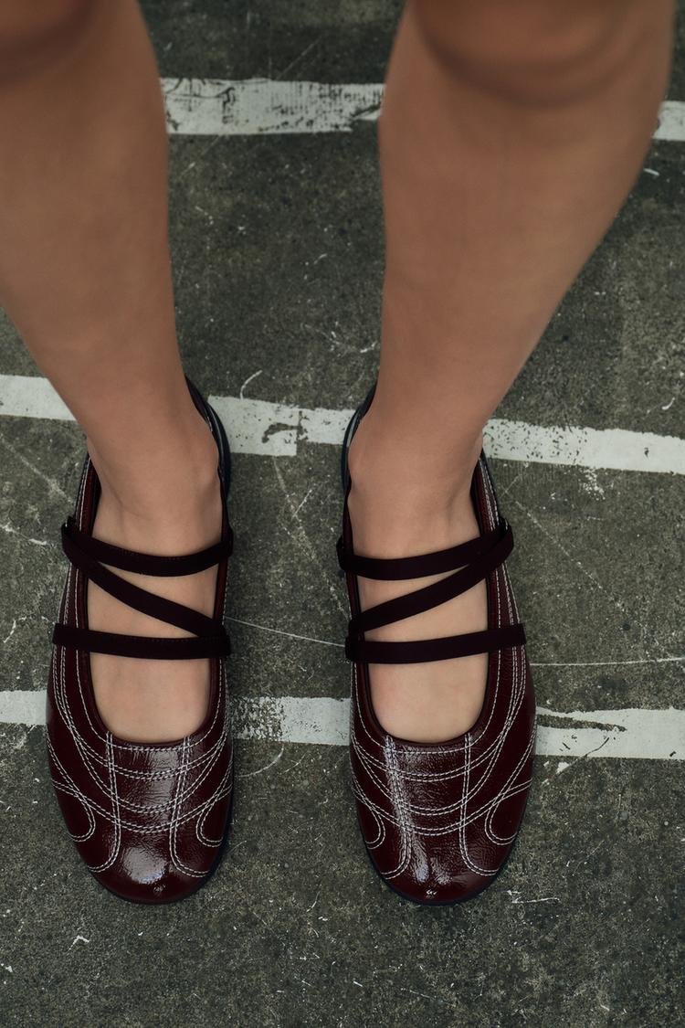 Burgundy Contrast-Stitch Ballet Flats