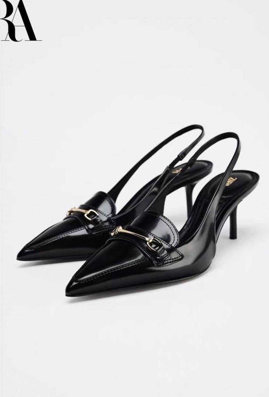 Pointed-Toe Patent Slingback Heels – Black