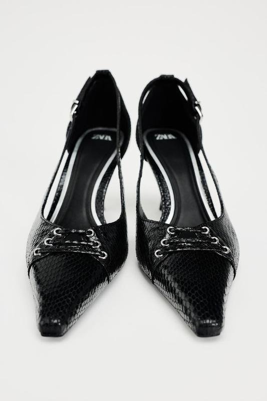 Snake-Effect Lace-Up Slingback Heels – Black - Image 4