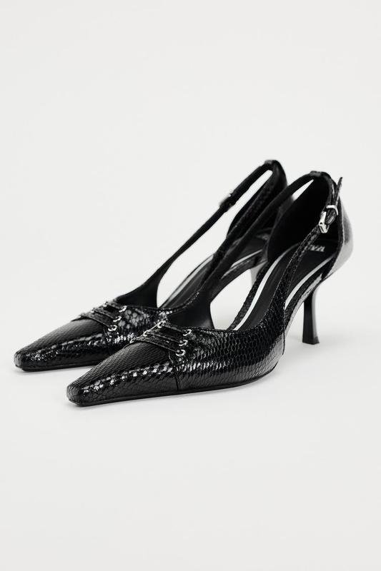 Snake-Effect Lace-Up Slingback Heels – Black - Image 2