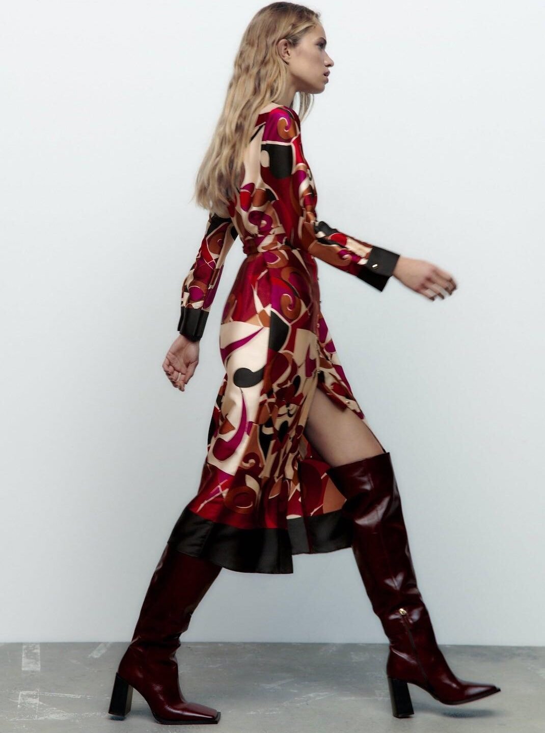 Abstract Print Tie-Waist Midi Dress