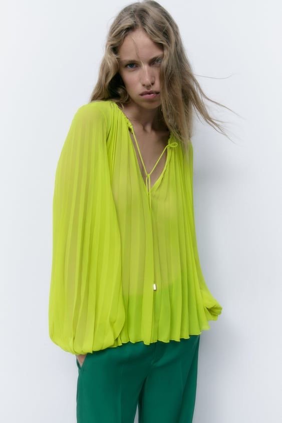 Lime Green Pleated Tie-Neck Blouse