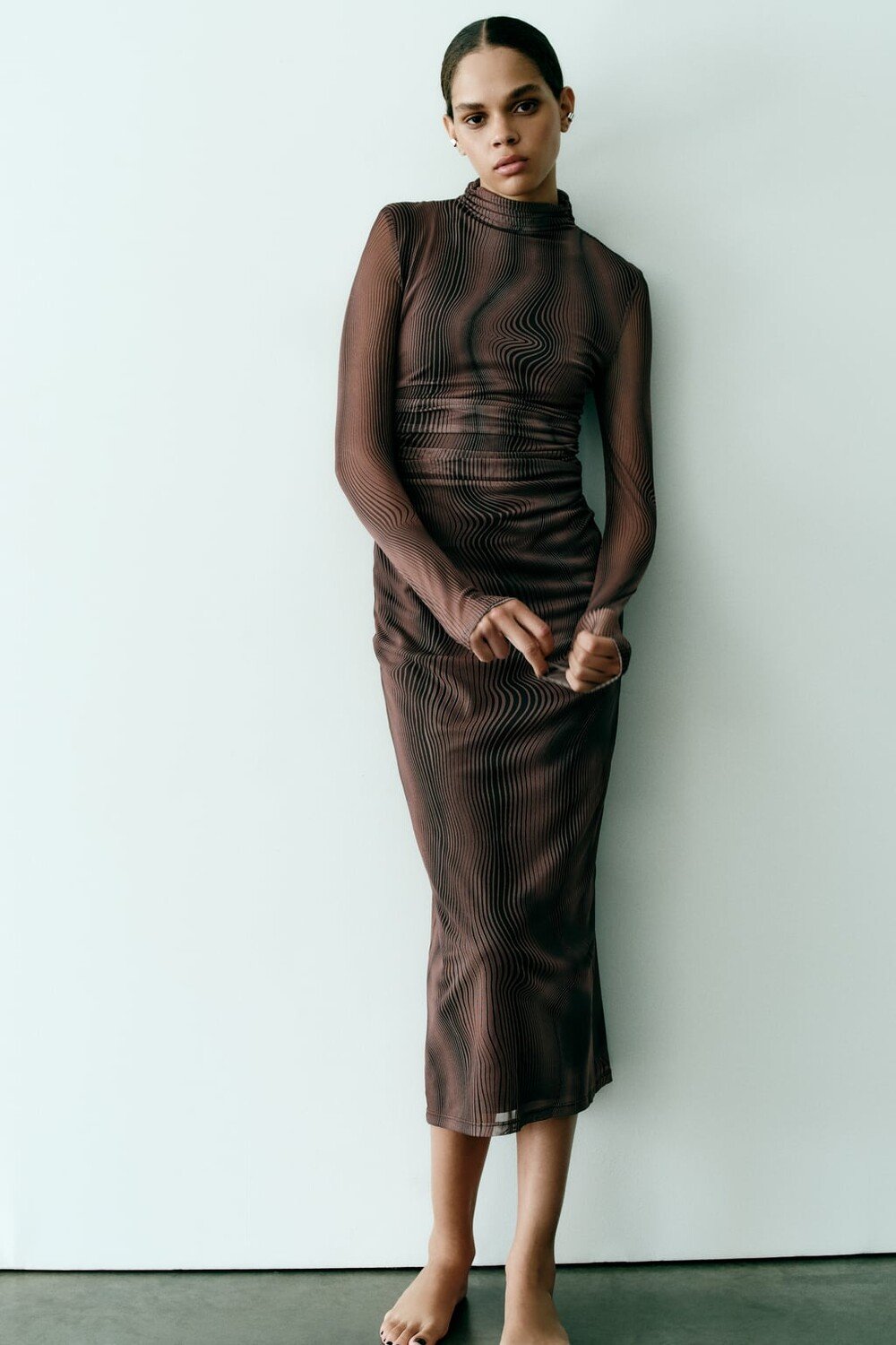Wavy Line Mesh Turtleneck Midi Dress - Image 2
