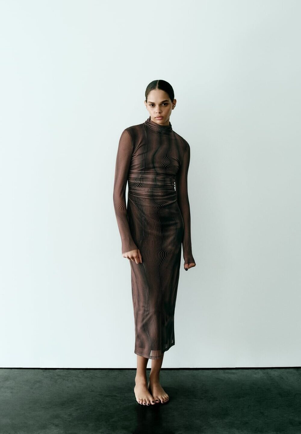 Wavy Line Mesh Turtleneck Midi Dress