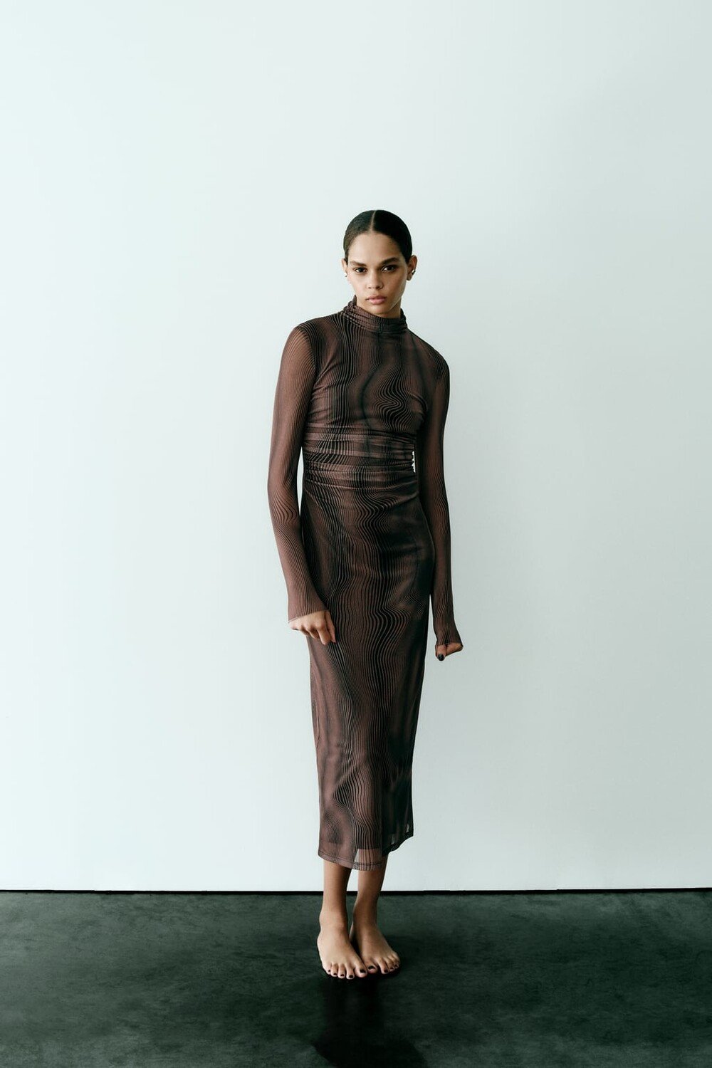Wavy Line Mesh Turtleneck Midi Dress