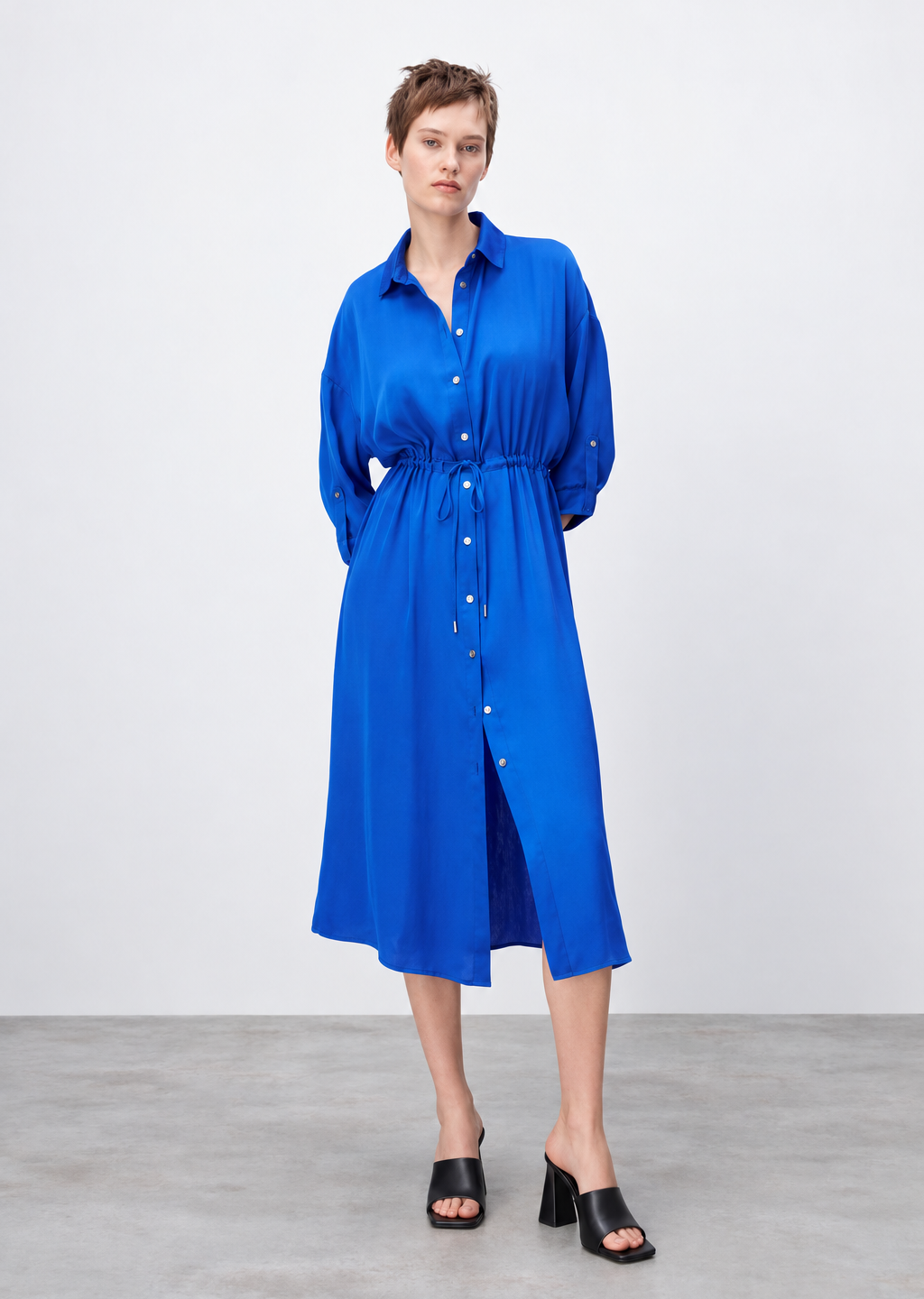 Royal Blue Drawstring Satin Shirt Dress