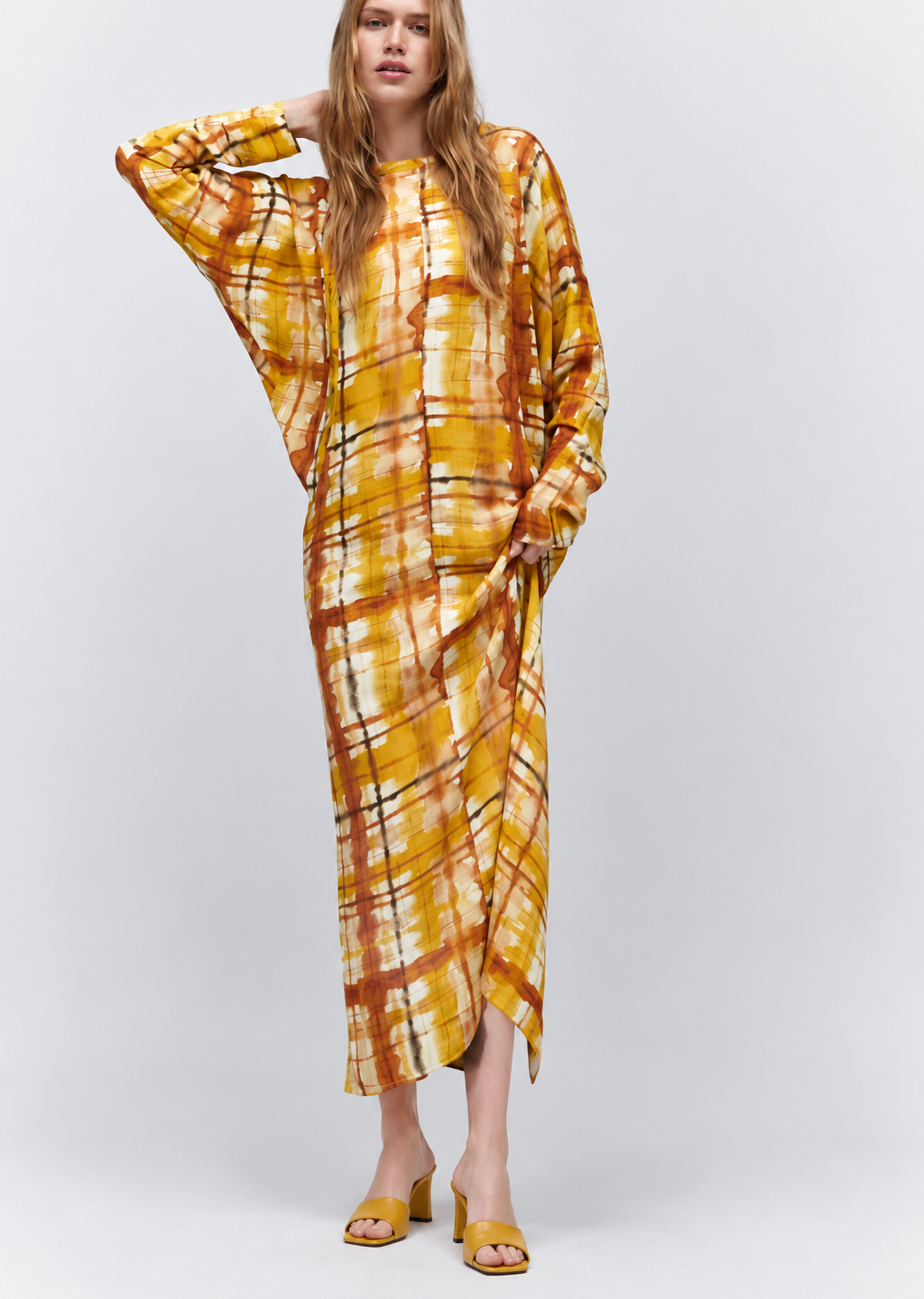 Tie And Dye Plaid Printed Satin Kaftan Midi Dress