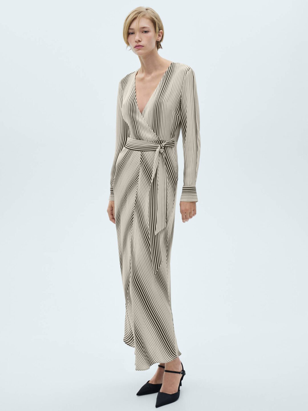 Stripe Tie Waist Midi Longsleeve Dress With Belt