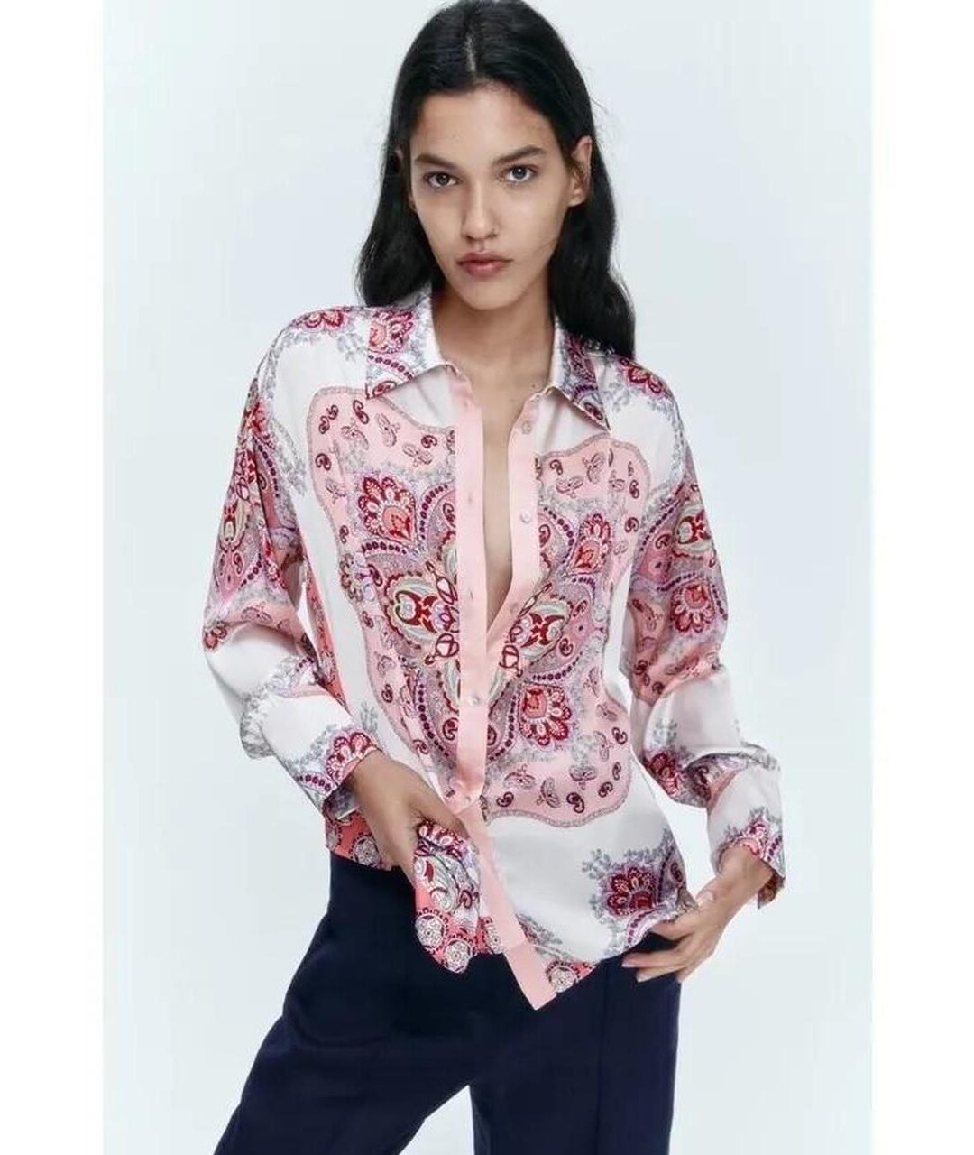 Abstract Paisley Print Satin Button Down Shirt
