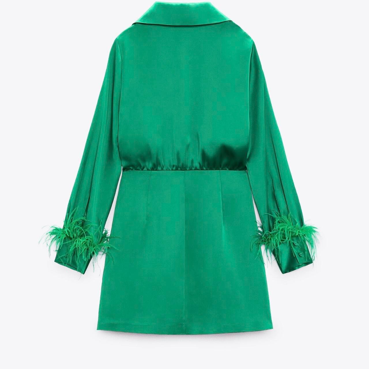Green Satin Feather Wrap Mini Dress - Image 6