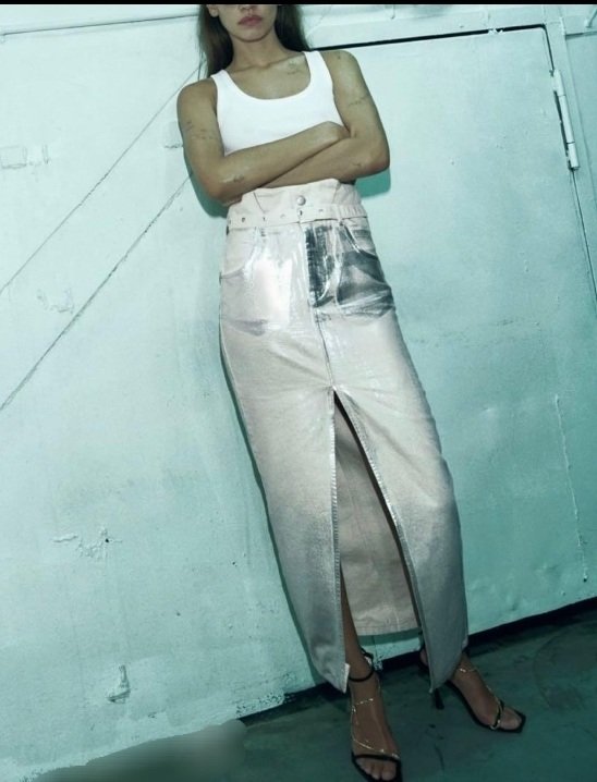 Metallic Denim Maxi Skirt