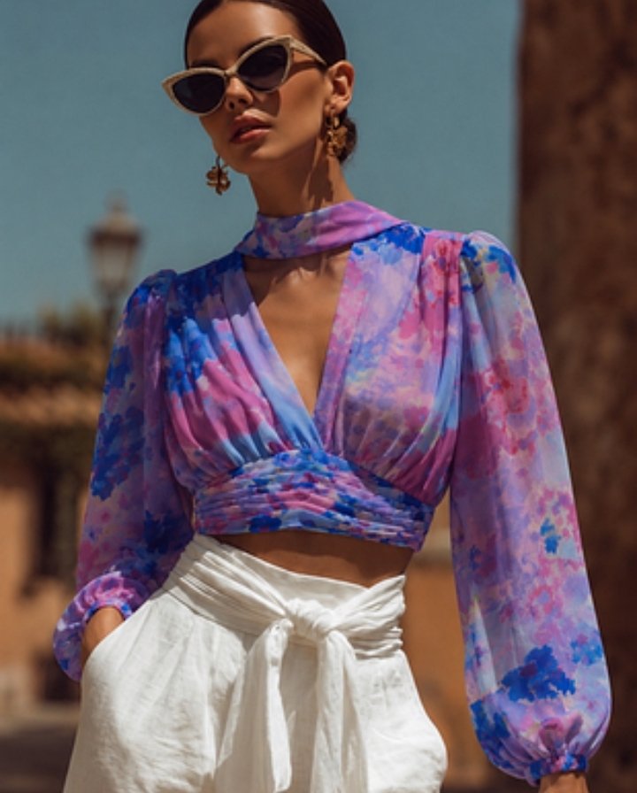 Floral Print Sheer Long-Sleeve Crop Top