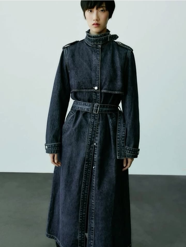 Dark Denim Belted Long-Sleeve Maxi Dress