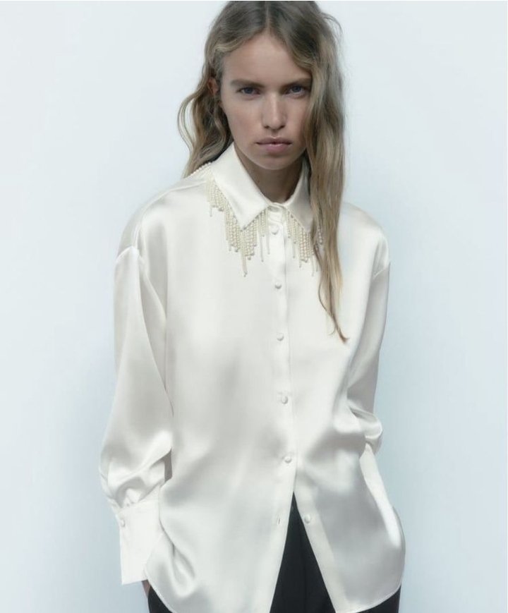 Ivory Satin Embellished Button-Up Shirt