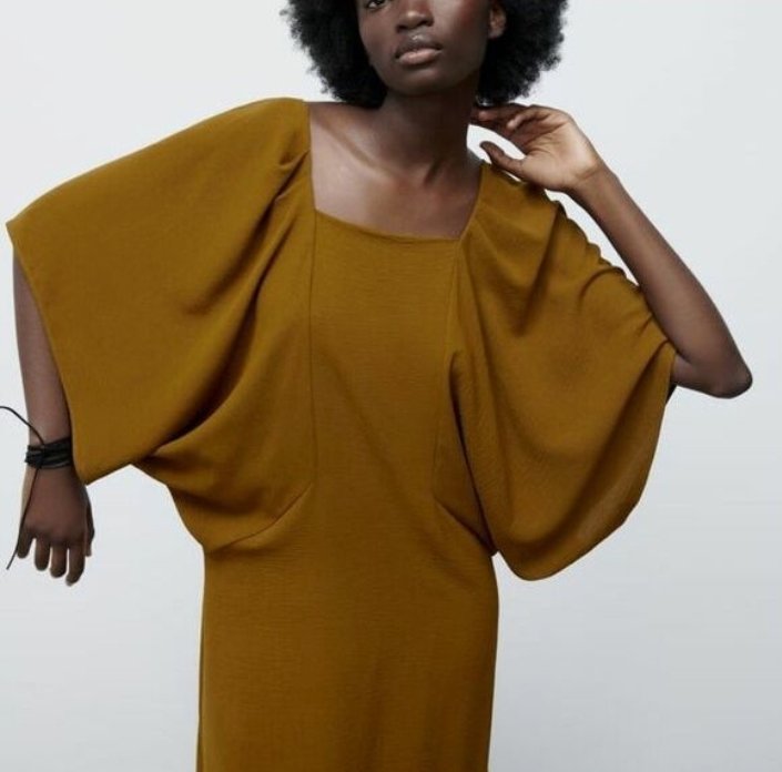 Dark Ochre Draped Midi Dress - Image 2