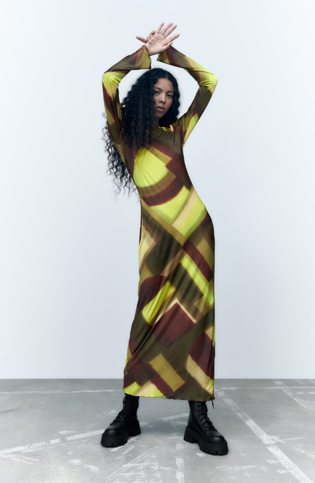 Printed Mesh Geometric Long Sleeve Maxi Dress