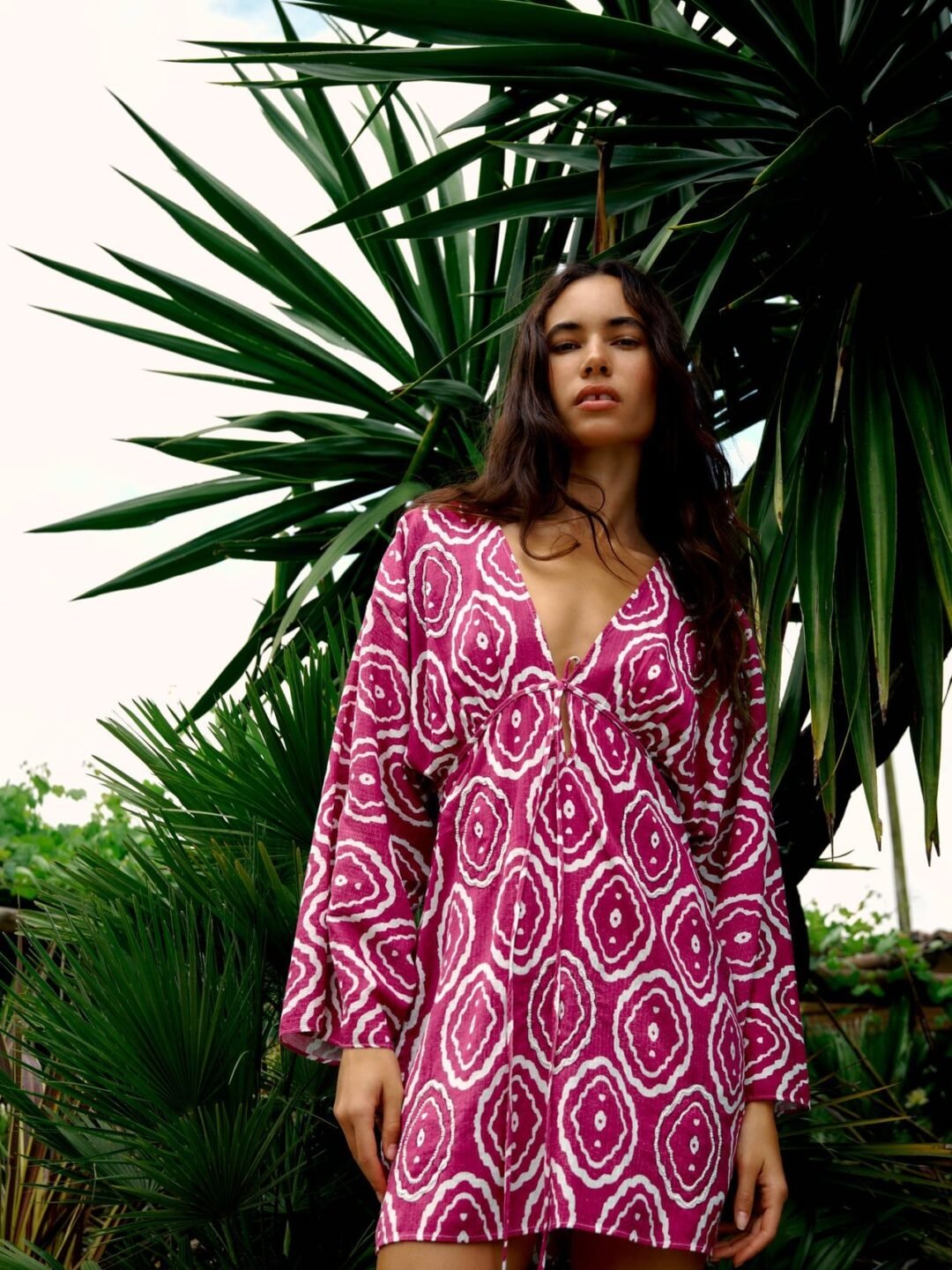 Magenta Geometric Print Tie Front Mini Dress