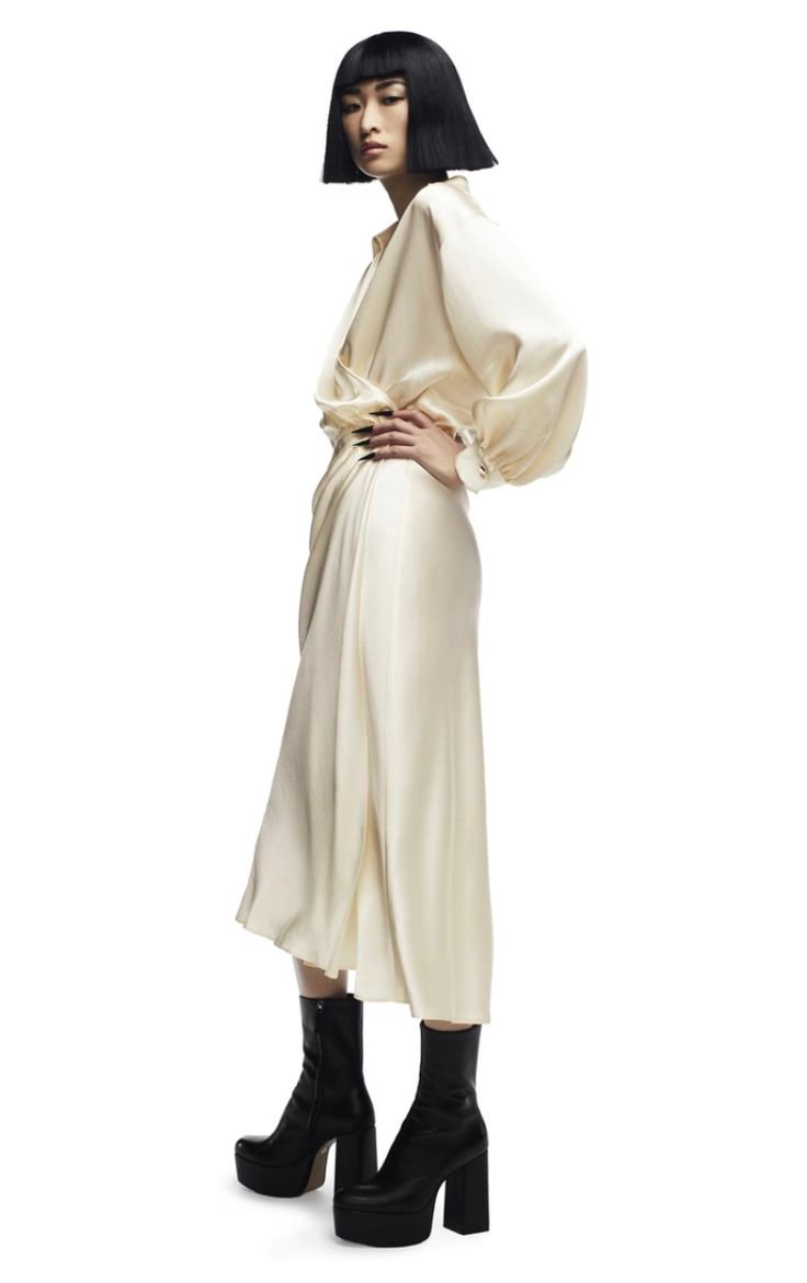 Cream Satin Draped Wrap Midi Dress