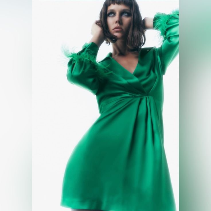 Green Satin Feather Wrap Mini Dress - Image 2