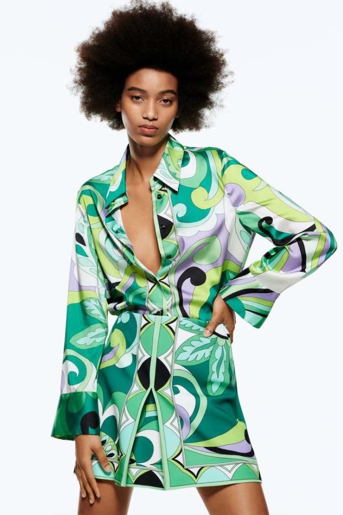 Green Retro Psychedelic Print Satin Set
