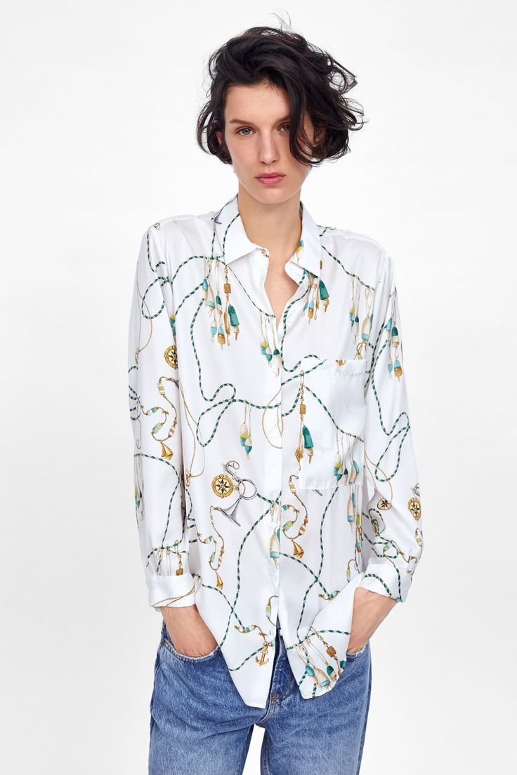 White Equestrian Satin Print Button Down Shirt - Image 4