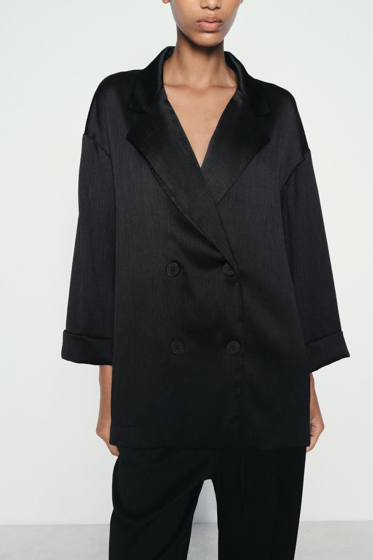 Black Satin Oversized Double Breasted Blazer
