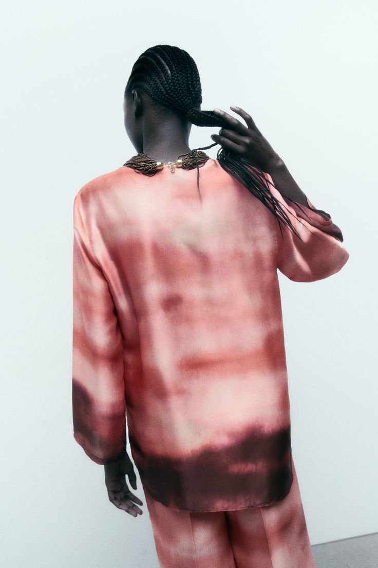 Coral Burgundy Ombre Satin V Neck Blouse - Image 2